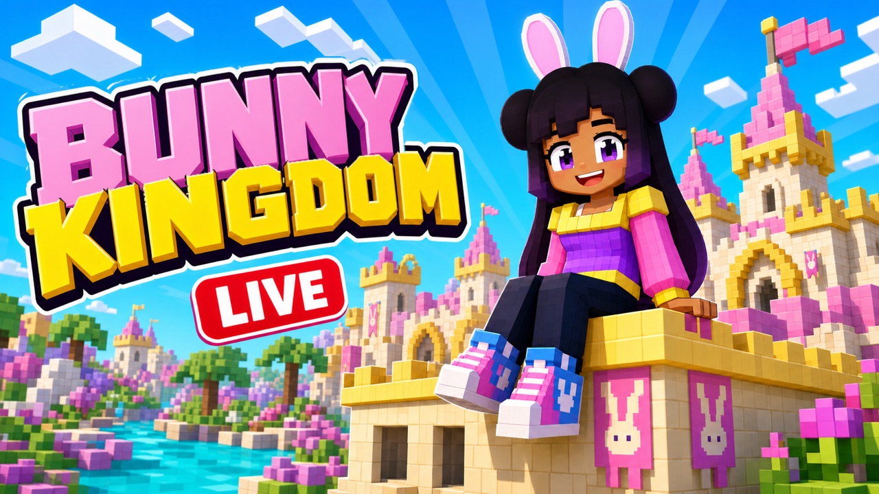 VBunny sitting on a pink and gold Minecraft castle in Bunny Kingdom